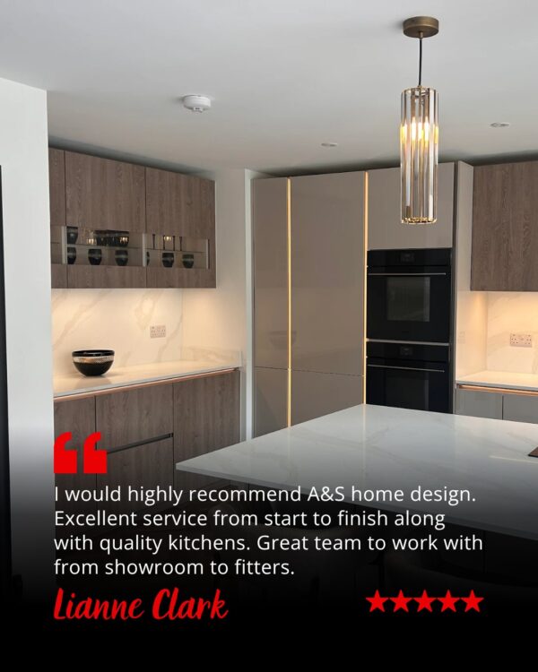 Lianne's kitchen went in earlier this year. Sand high-gloss doors. Begamo oak wall units and…